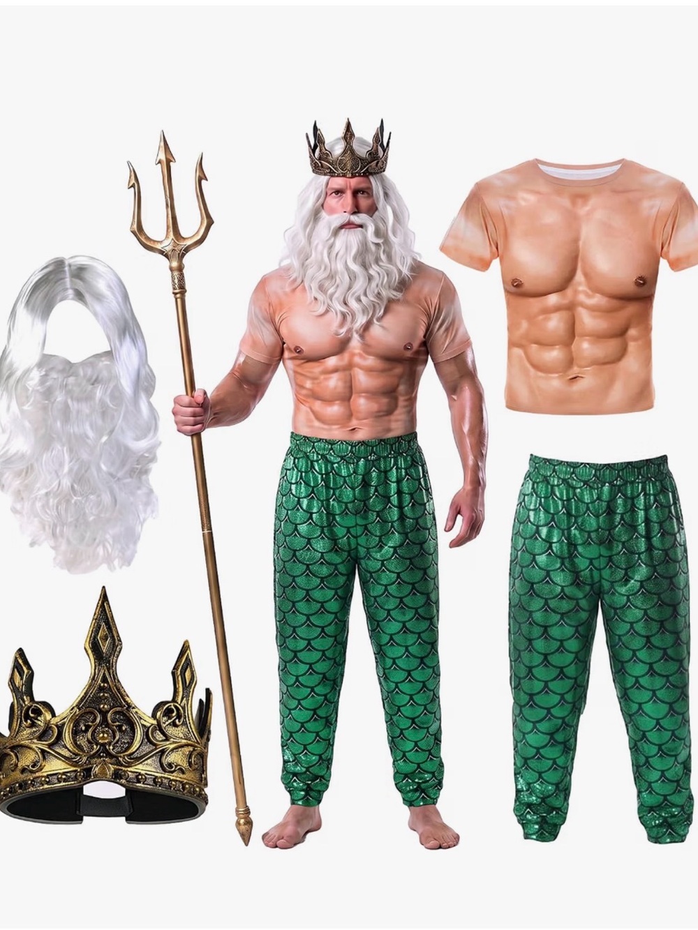 Men's Poseidon/King Triton Costume with Trident, Wig, Beard and Crown. Size M